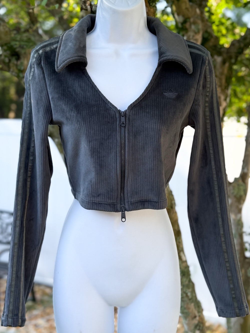 Adidas Originals Ribbed Zip Crop Jacket Gray XS Long Sleeve Trefoil 2 Way Zip